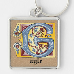 Llavero Letra medieval azul y marfil rojo iluminada G