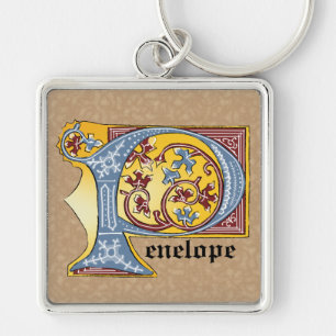 Llavero Letra medieval azul y marfil rojo iluminada P