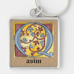 Llavero Letra medieval azul y roja marfil iluminada Q