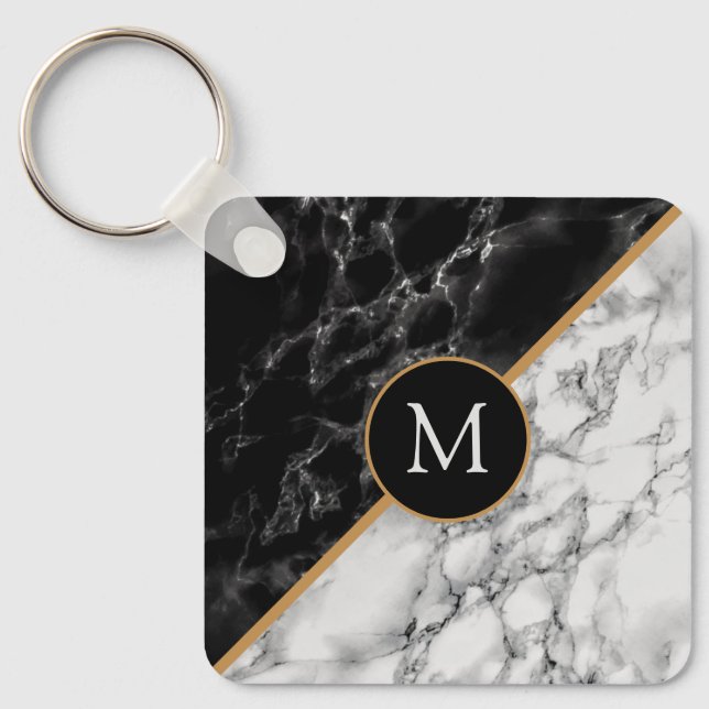 Llavero Letra personalizada Keychain Mármol blanco negro (Anverso)