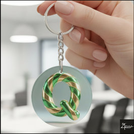 Llavero Letra Q de rayas con brillo dorado y verde brillan