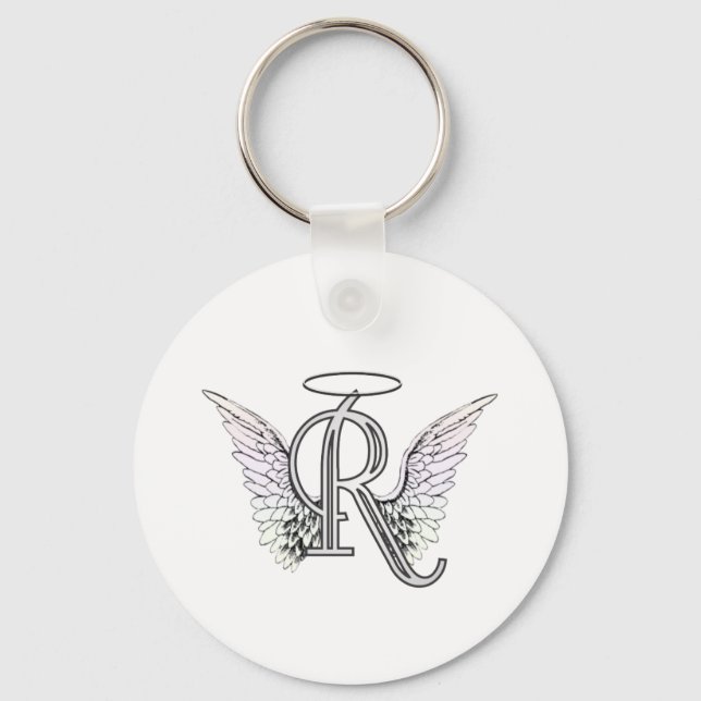 Llavero Letra R Monograma inicial con Angel Wings & Halo (Anverso)