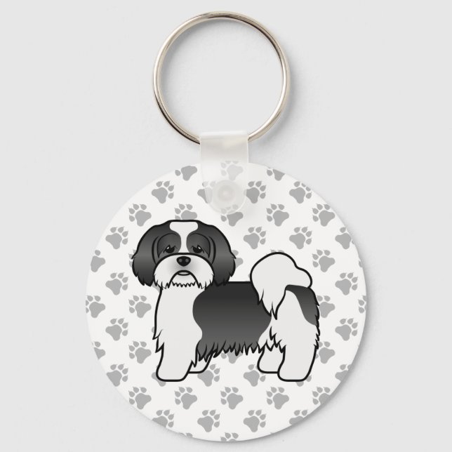 Llavero Lhasa Apso blanco y negro perro de dibujos animado (Anverso)