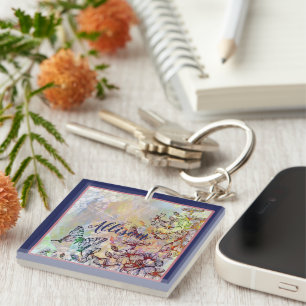 Llavero Libélula mariposa y flores personalizadas
