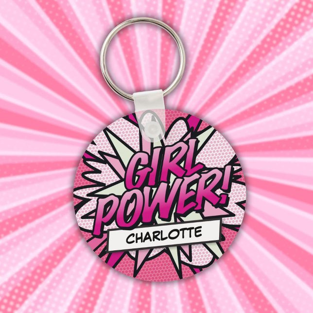 Llavero Libro de Cómic Rosa GIRL POWER Personalizado (Personalized GIRL POWER Comic Book Pink Keychain)