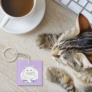 Llavero Libro divertido de gato blanco leyendo Humor Púrpu