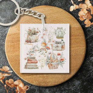 Llavero Libros Mushroom Floral Whimsical Cottagecore Art