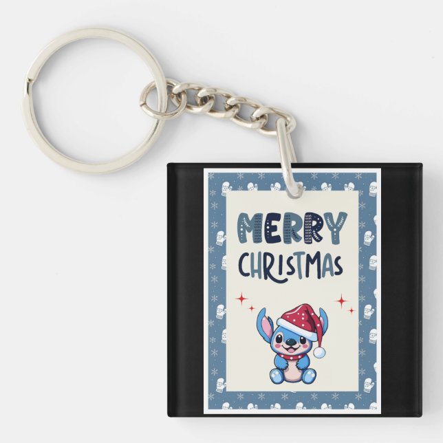 Llavero Lil Blue Cutie dice "Feliz Navidad" (Frente)