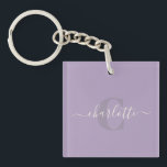 Llavero Lila | Nombre de monograma de guión personalizado<br><div class="desc">Lila | Cadena de claves de nombres de monograma de guión personalizado</div>