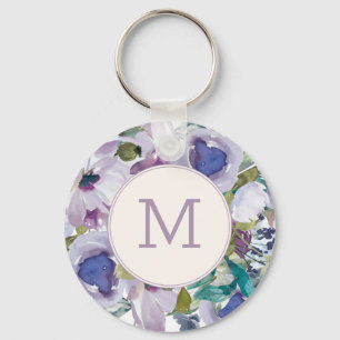 Llavero Lila Púrpura Azul Polvoriento Aquarela Floral Mono