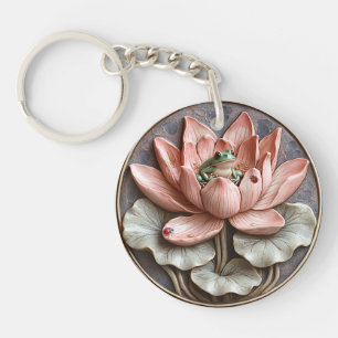 Llavero Lily Pond Green Frog Ladybugs Pink Water Lily