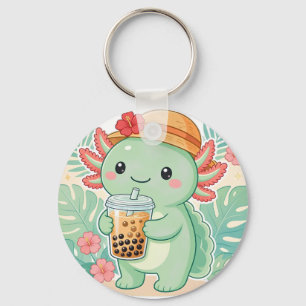 Llavero Lindo Axolote Verde Kawaii Bebiendo Té de Boba Key