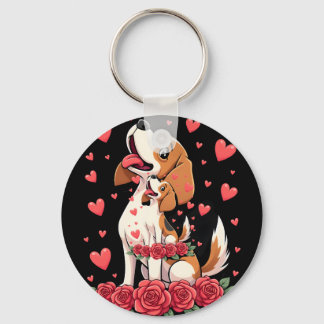 Llavero Lindo Beagle con Corazones de Rosas Rojas Florales
