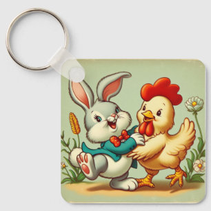 Llavero Lindo conejo y pollo de dibujos animados vintage