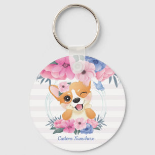 Llavero Lindo Corgi Perro Corona de Flores Mariposa Azul P