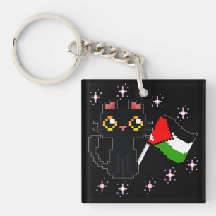 Llavero lindo gato negro sostiene la bandera de Palestina
