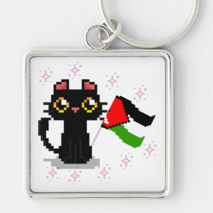 Llavero lindo gato negro sostiene la bandera de Palestina