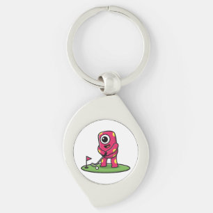 Llavero Lindo monstruo rosa de un ojo jugando golf caricat