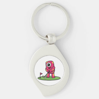 Llavero Lindo monstruo rosa de un ojo jugando golf caricat