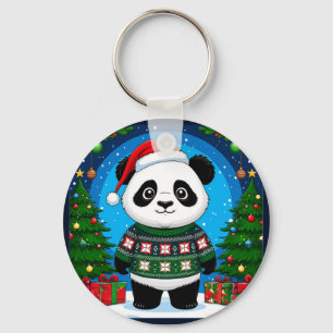 Llavero Lindo Panda Con Jersey De Navidad Lleva Gorro De S