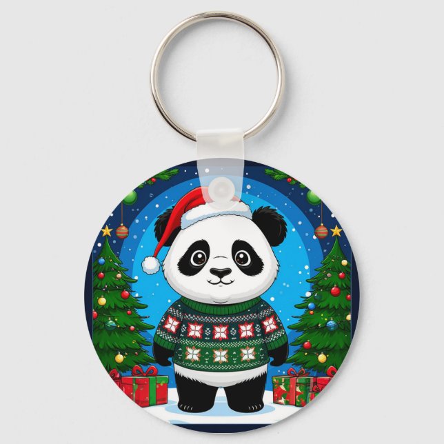 Llavero Lindo Panda Con Jersey De Navidad Lleva Gorro De S (Anverso)