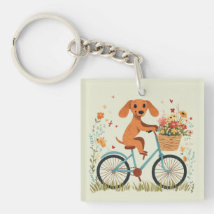 Llavero Lindo perro Dachshund en bicicleta con flores de p