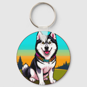 Llavero Lindo perro husky de dibujos animados con collar