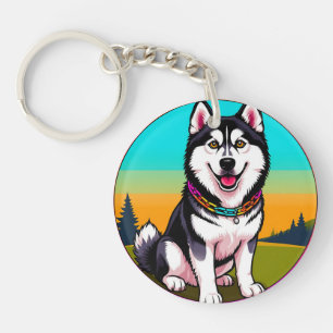 Llavero Lindo perro husky de dibujos animados con collar