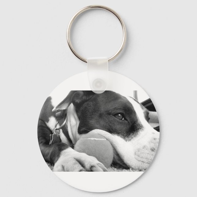Llavero lindo perro pitbull de aspecto triste blanco negro (Anverso)