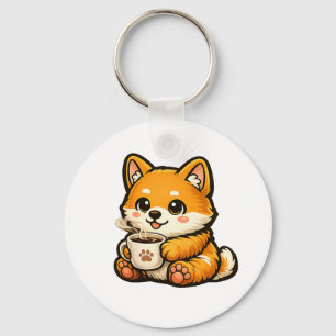 Llavero Lindo Shiba Inu con Café – Ilustración de Perro Ac