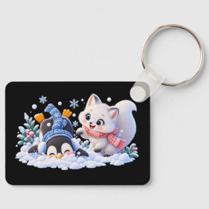 Llavero Lindo zorro ártico y pingüino de invierno jugando