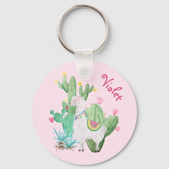 Llavero Llama blanca y cactus con flores - rosa pastel (Anverso)
