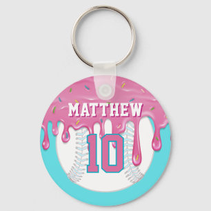 Llavero Llave de béisbol rosa y azul con efecto de goteo