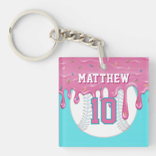 Llavero Llave de béisbol rosa y azul con efecto de goteo