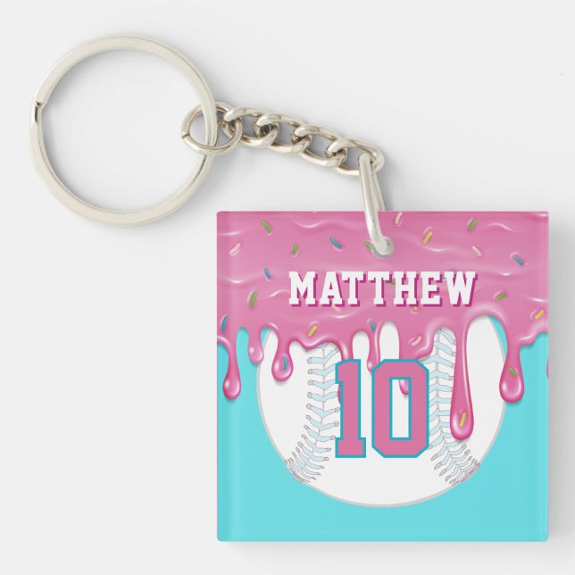 Llavero Llave de béisbol rosa y azul con efecto de goteo (Frente)