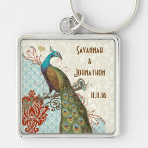 Llavero Llave de boda de pavo real de amor vintage
