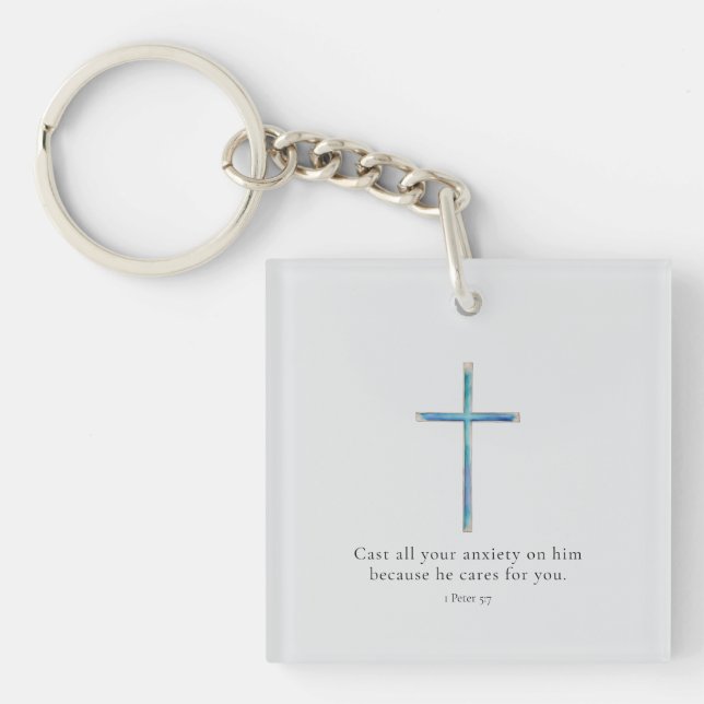 Llavero Llave mínima con cruz de 1 Pedro 5:7 (Frente)