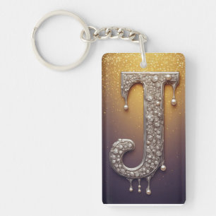 Llavero Llave personalizada con letra J de oro, diamante y