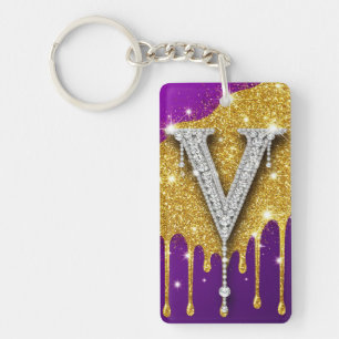 Llavero Llave personalizada con letra V de purpurina dorad