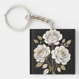 Llavero Llaveero de Rosa Floral Blanco y Dorado Elegante –