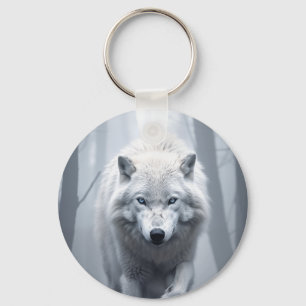 Llavero Lobo blanco en bosque de niebla