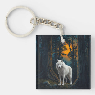 Llavero Lobo Blanco Salvaje Bajo la Luz de la Luna Animal