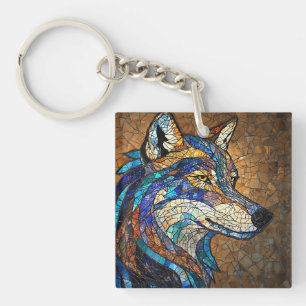 Llavero Lobo con piezas de vidrio coloridas y vibrantes