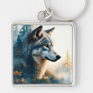 Llavero Lobo de doble exposición de fantasía