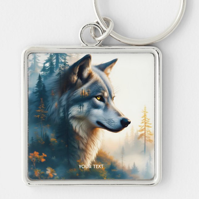 Llavero Lobo de doble exposición de fantasía (Frente)