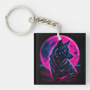 Llavero Lobo de neón ciberpunk vibrante