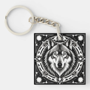 Llavero Lobo en una mandala geométrica y decorativa