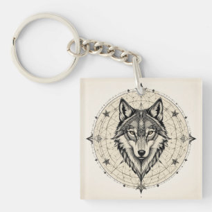 Llavero Lobo en una mandala geométrica y decorativa