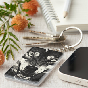 Llavero Lobo Gruñón Años 50 Estilo Gráfico Blanco Negro