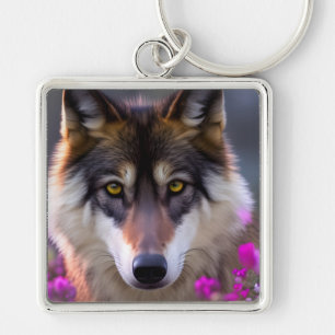 Llavero Lobo joven con flores rosadas